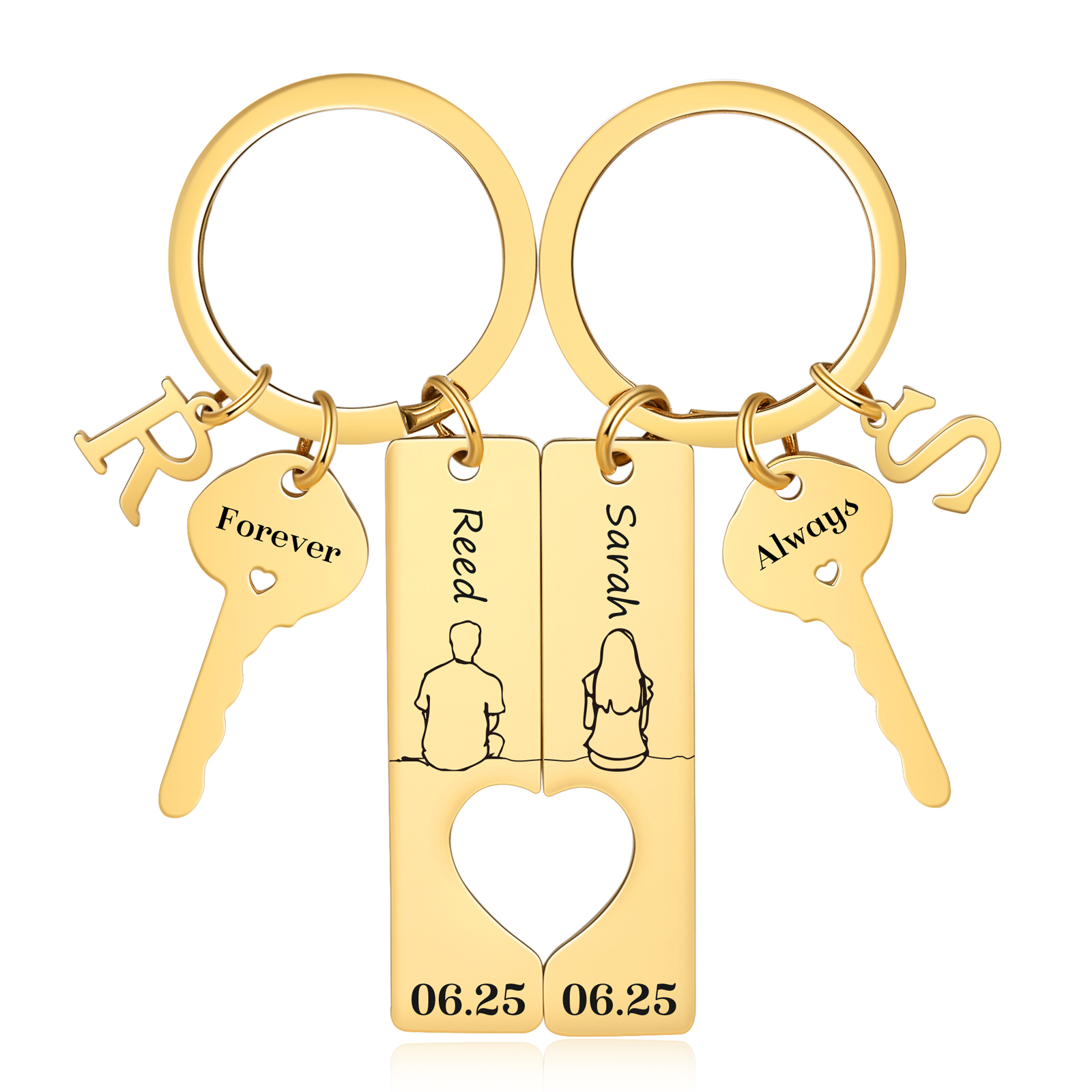 Herz-Ausschnitt Partner-Schlüsselanhänger-Set, personalisiert mit Namen und Buchstaben, Valentinstagsgeschenk