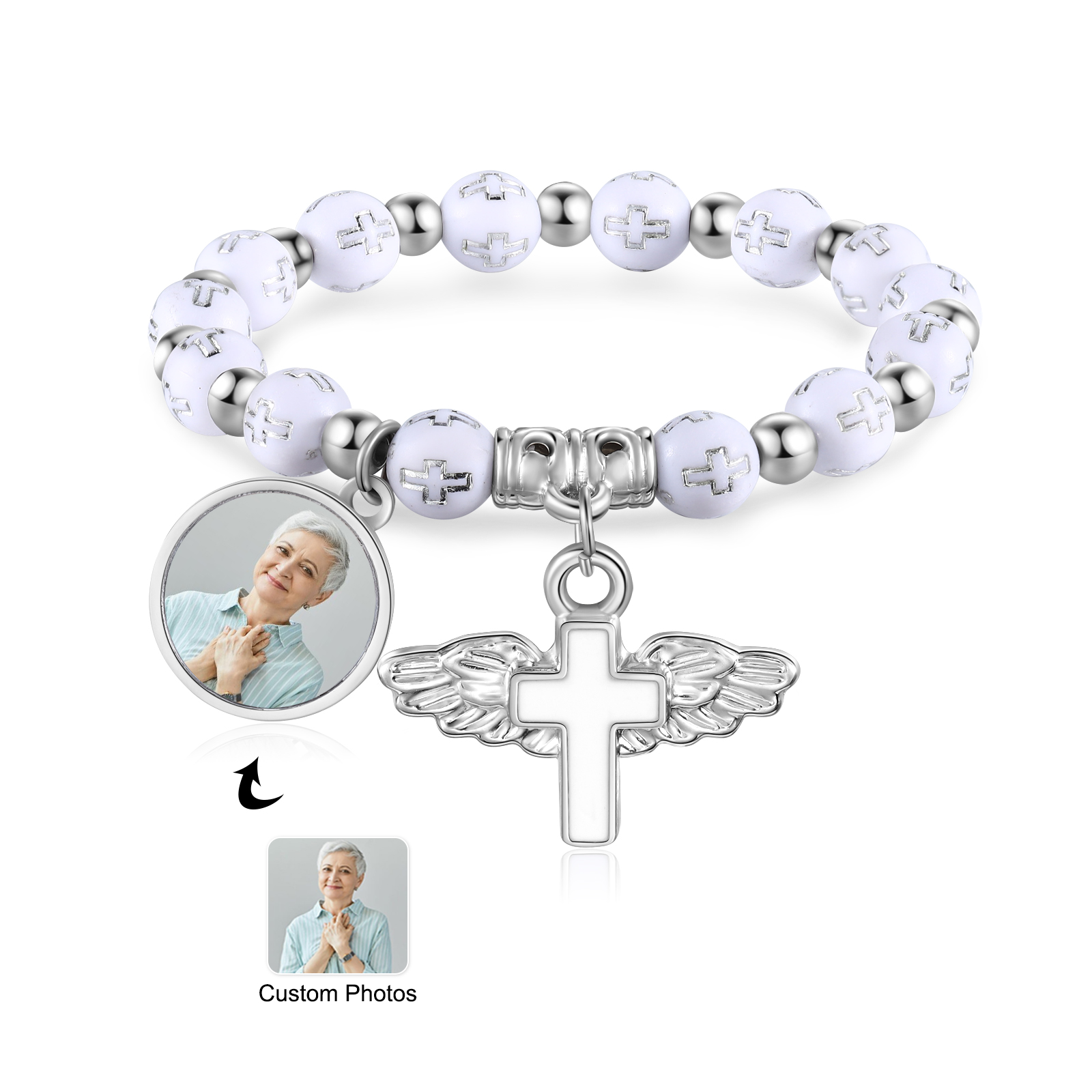 Personalisiertes Foto-Gedenkarmband mit Perlen, Engelsflügel und Rosenkranzkreuz