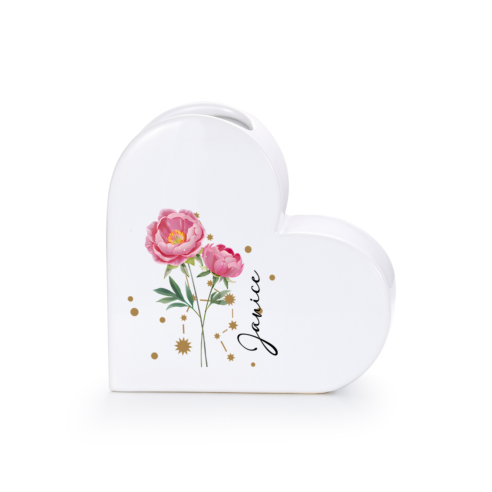 Personalisierte Herzvase aus Keramik mit Geburtsblumen und Sternzeichen