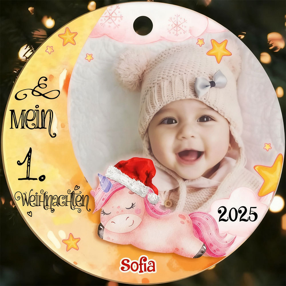 Holz Weihnachtsornament-Personalisierter 1 Name & Foto Halbmond Rund Baby Ornament- Mein 1. Weihnachten