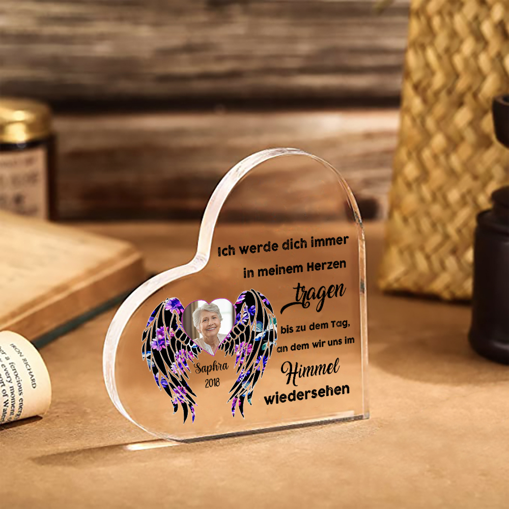 Personalisierter Name & Foto & Jahr Acryl-Deko-Ich werde dich immer in meinem Herzen tragen-Trauer Schreibtischdekoration