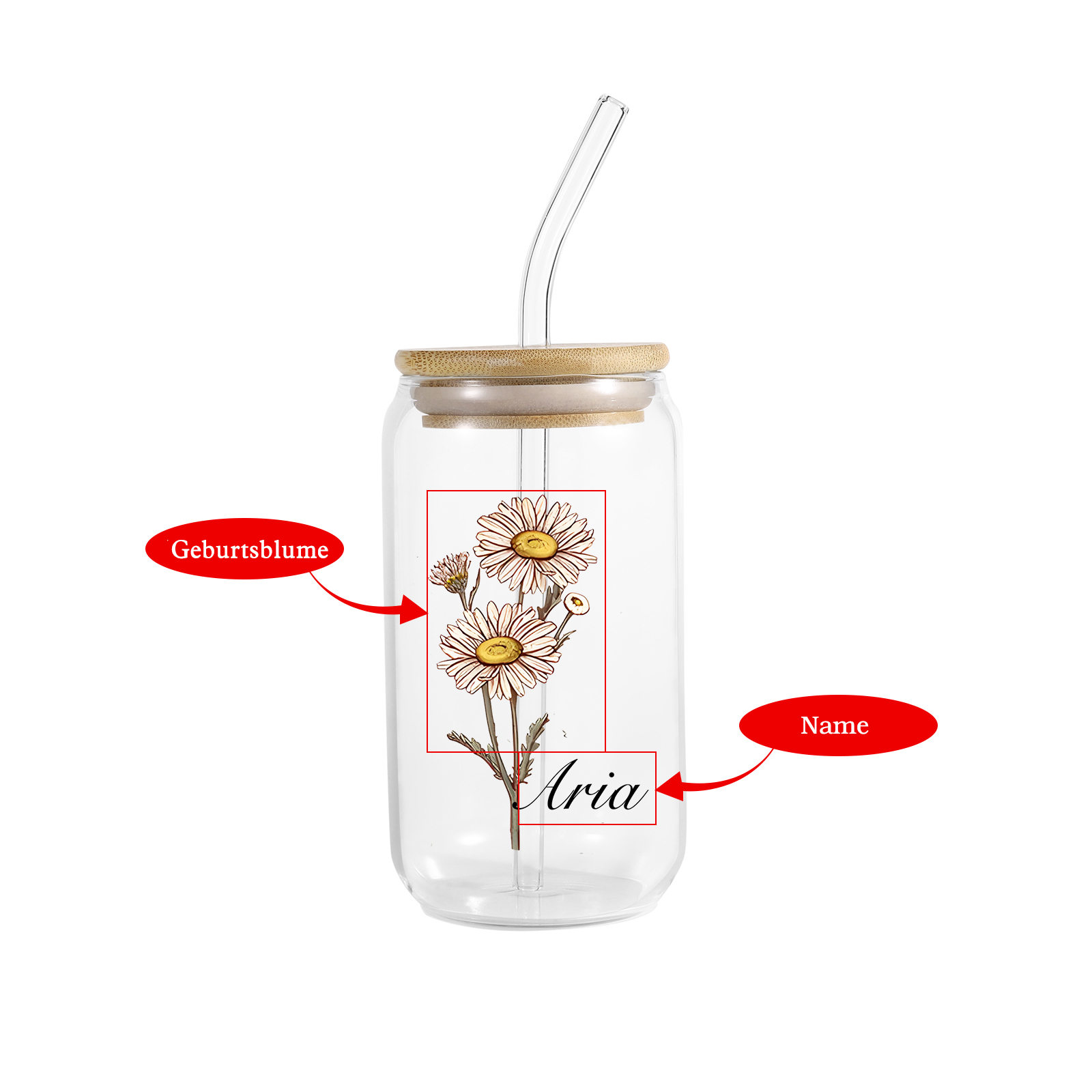 Personalisierter Name & Geburtsblume Glastasse mit Glasstrohhalm