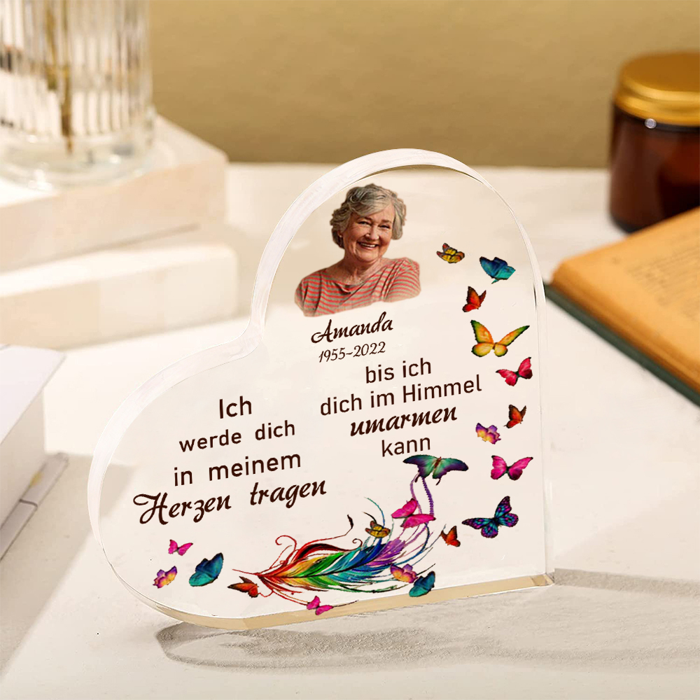 Personalisierter Name & Jahr & Foto Acryl-Deko-Ich werde dich in meinem Herzen tragen-Trauer Schreibtischdekoration