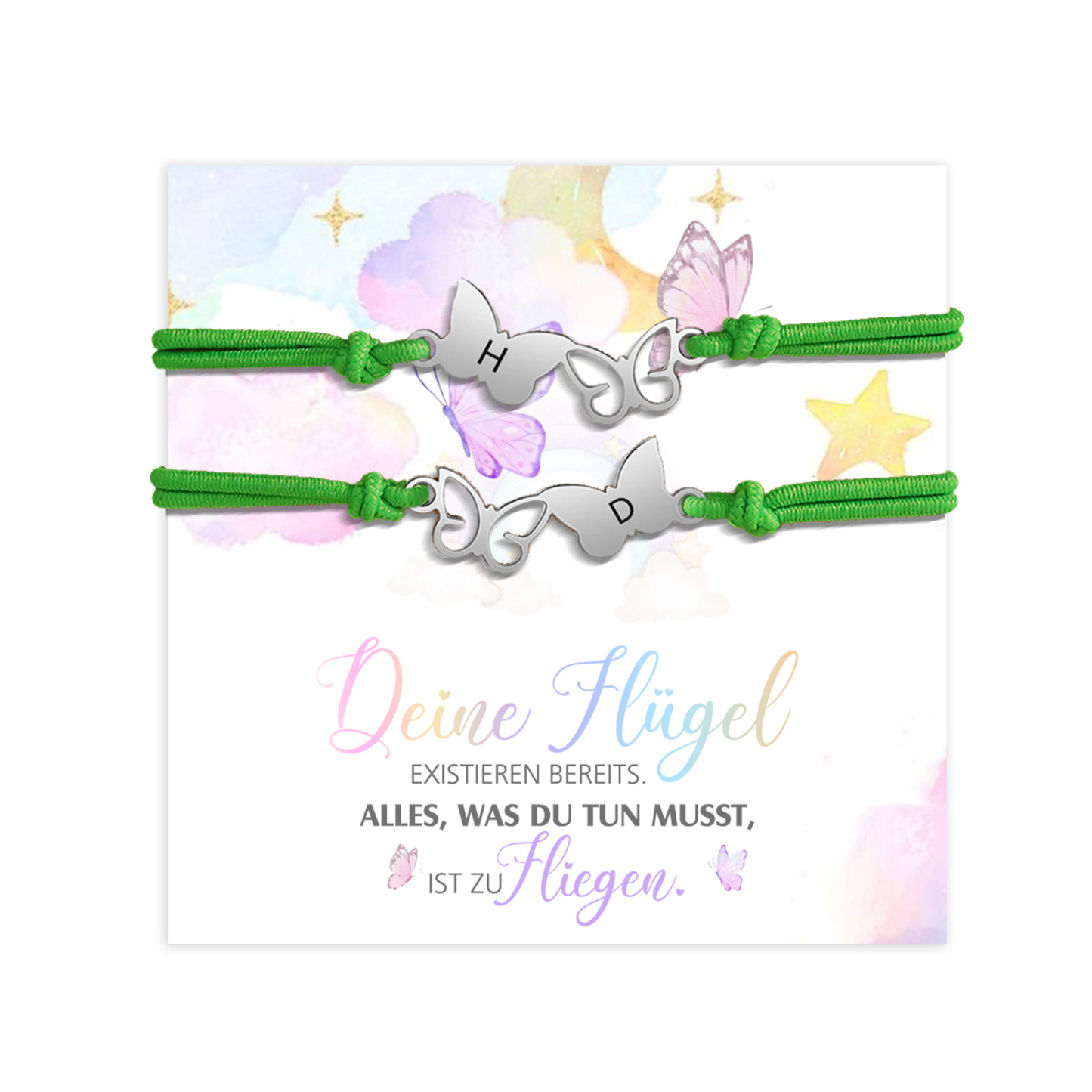 Personalisierte 2 Buchstaben Schmetterling Armbänder Set mit 2 Ketten Gummiband - Schulanfang Geschenk mit Karte