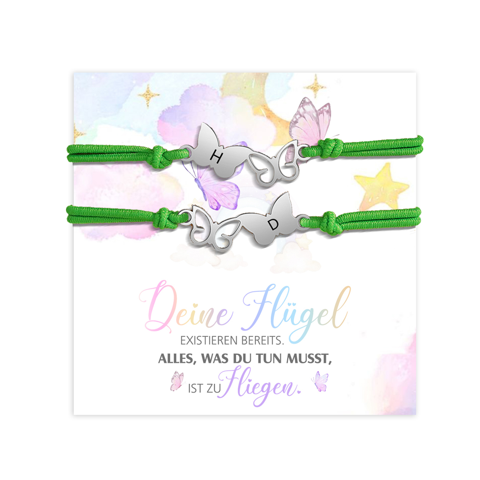 Personalisierte 2 Buchstaben Schmetterling Armbänder Set mit 2 Ketten Gummiband - Schulanfang Geschenk mit Karte
