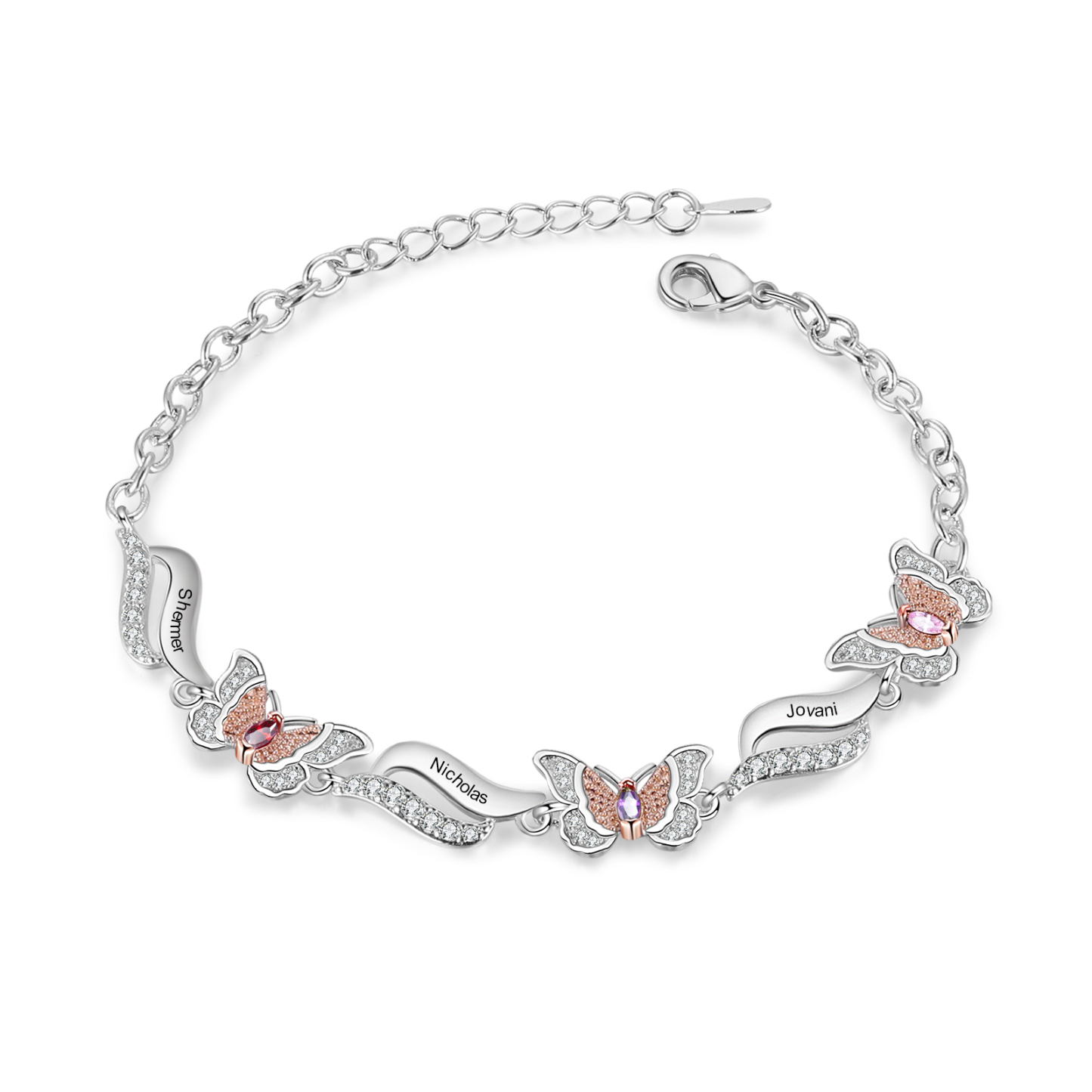 Personalisierte 3 Namen & 3 Geburtssteine Schmetterling Armband mit Zirkonia