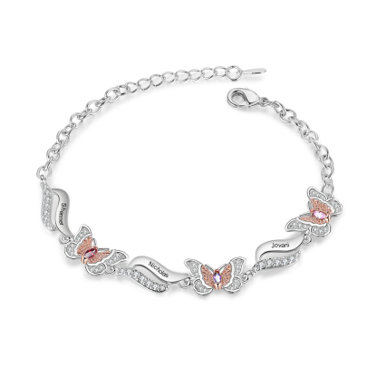 Personalisierte 3 Namen & 3 Geburtssteine Schmetterling Armband mit Zirkonia