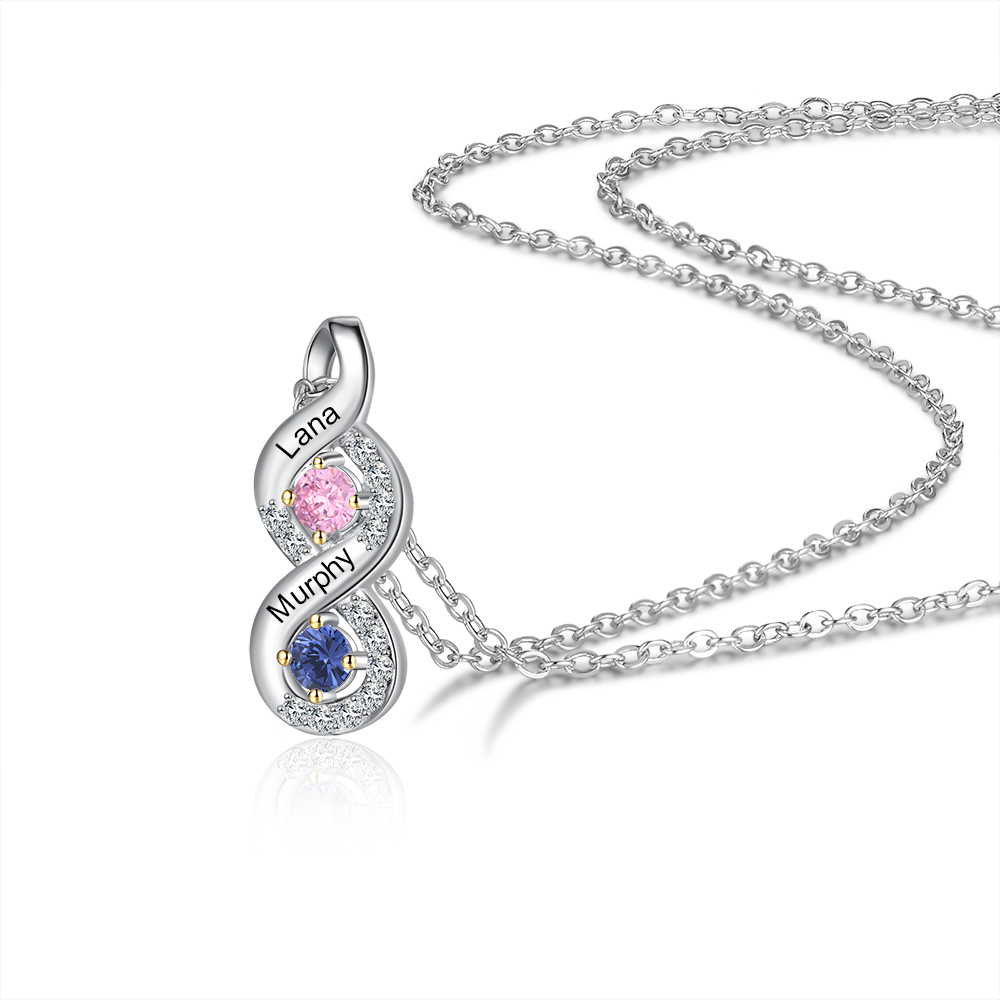 S925 Silber Gravur 2 Namen Infinity Halskette mit 2 Geburtssteinen