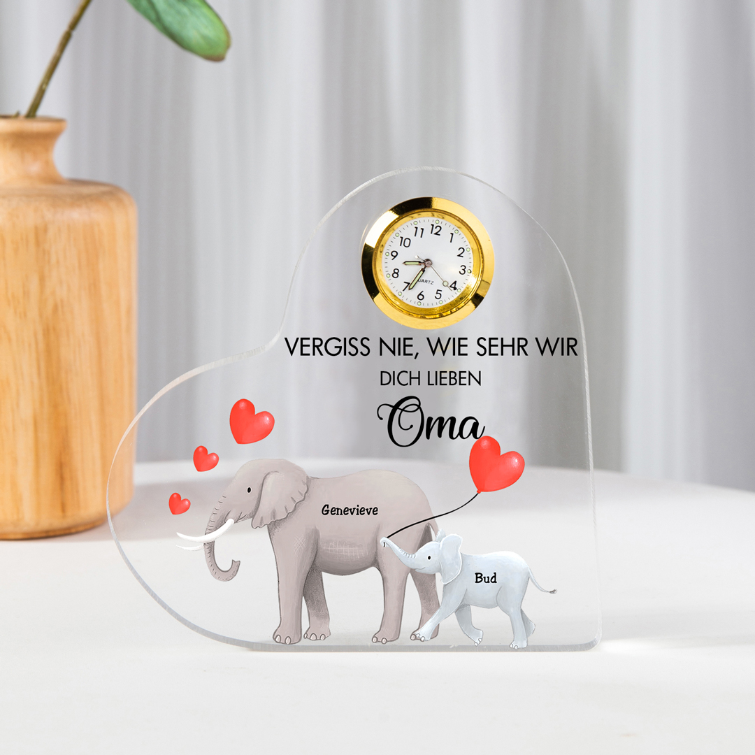 Acryl-Deko mit Uhr-Personalisierte 2 Namen & Text Elefant Schreibtischdekoration für Familie