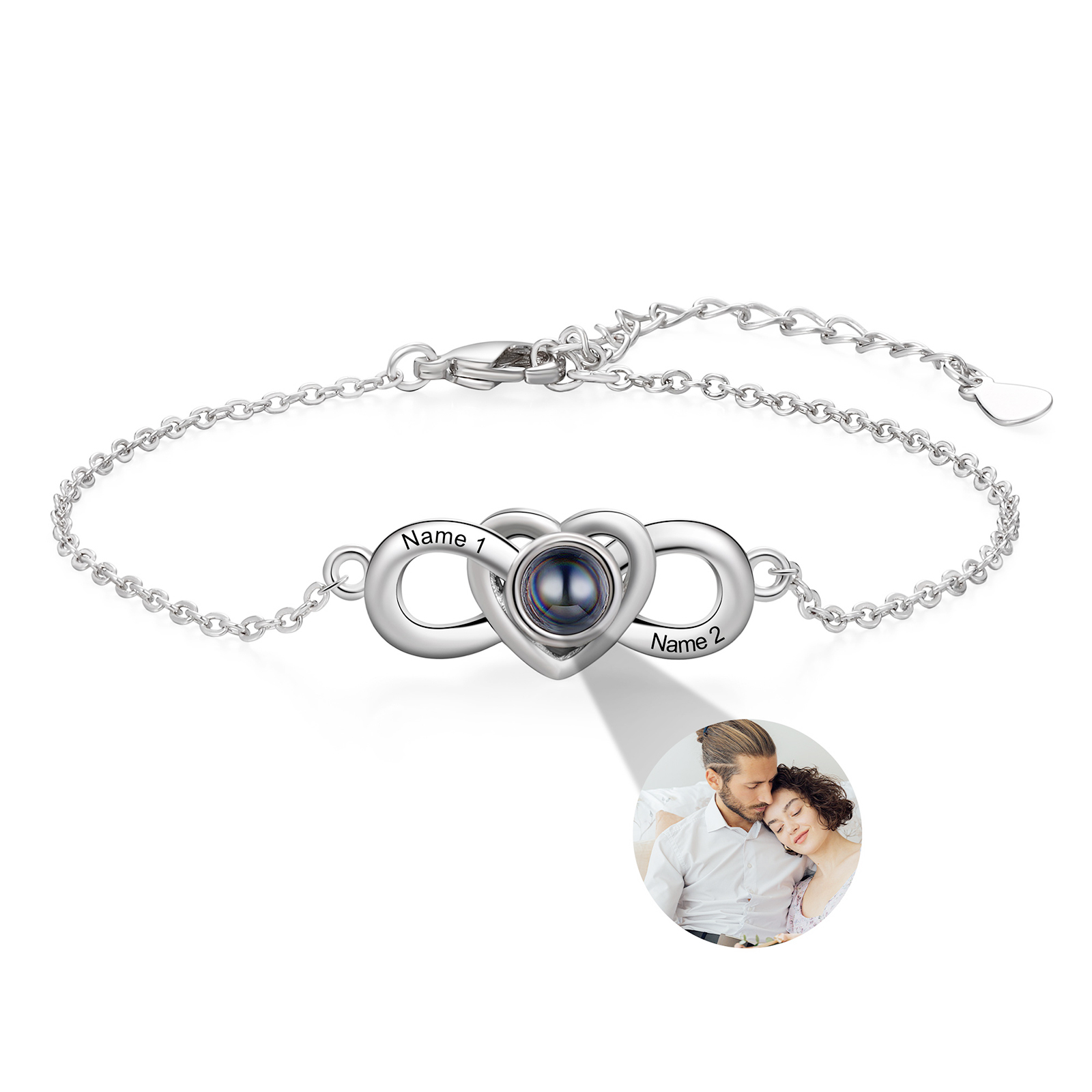 Personalisiertes Foto & 2 Namen Projektion Infinity Herz Armband