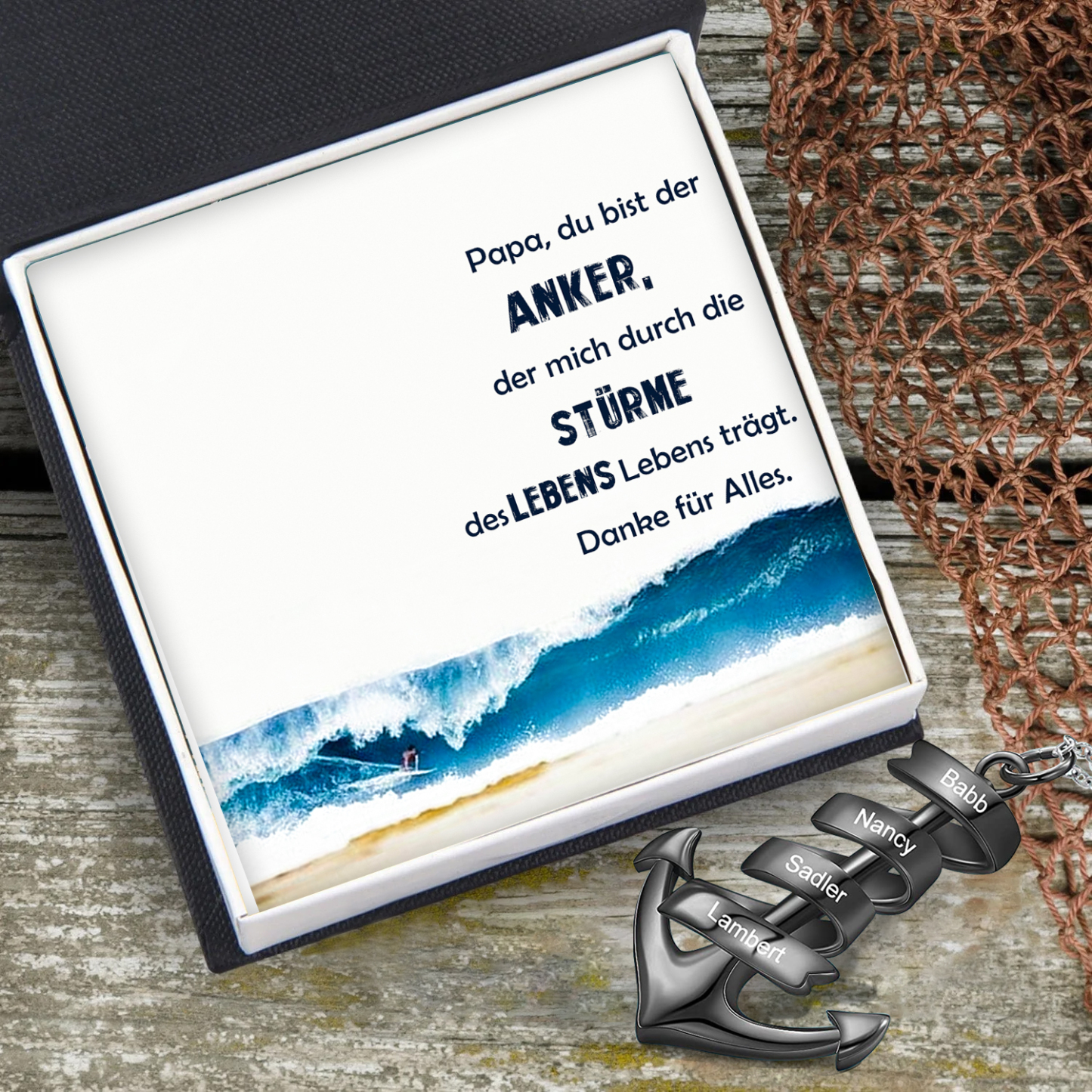 925 Sterling Silber Personalisierte 4 Namen Anker Halskette für Vater -Geschenk mit Meer Nachrichtenkarte