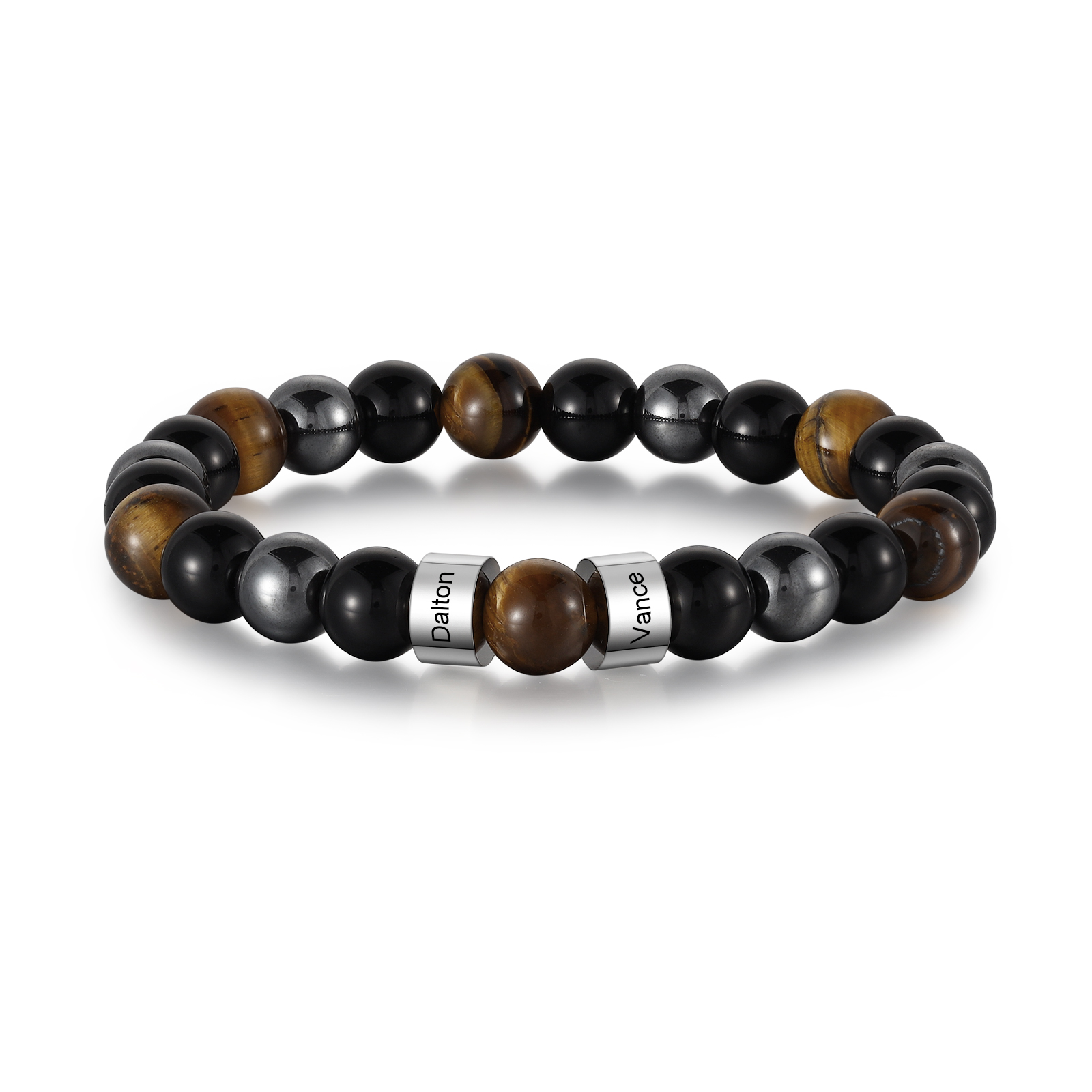 Herren Schmuck-Personalisierte 2 Namen Edelstahl Perlen Armband mit Tigeraugestein & Obsidian