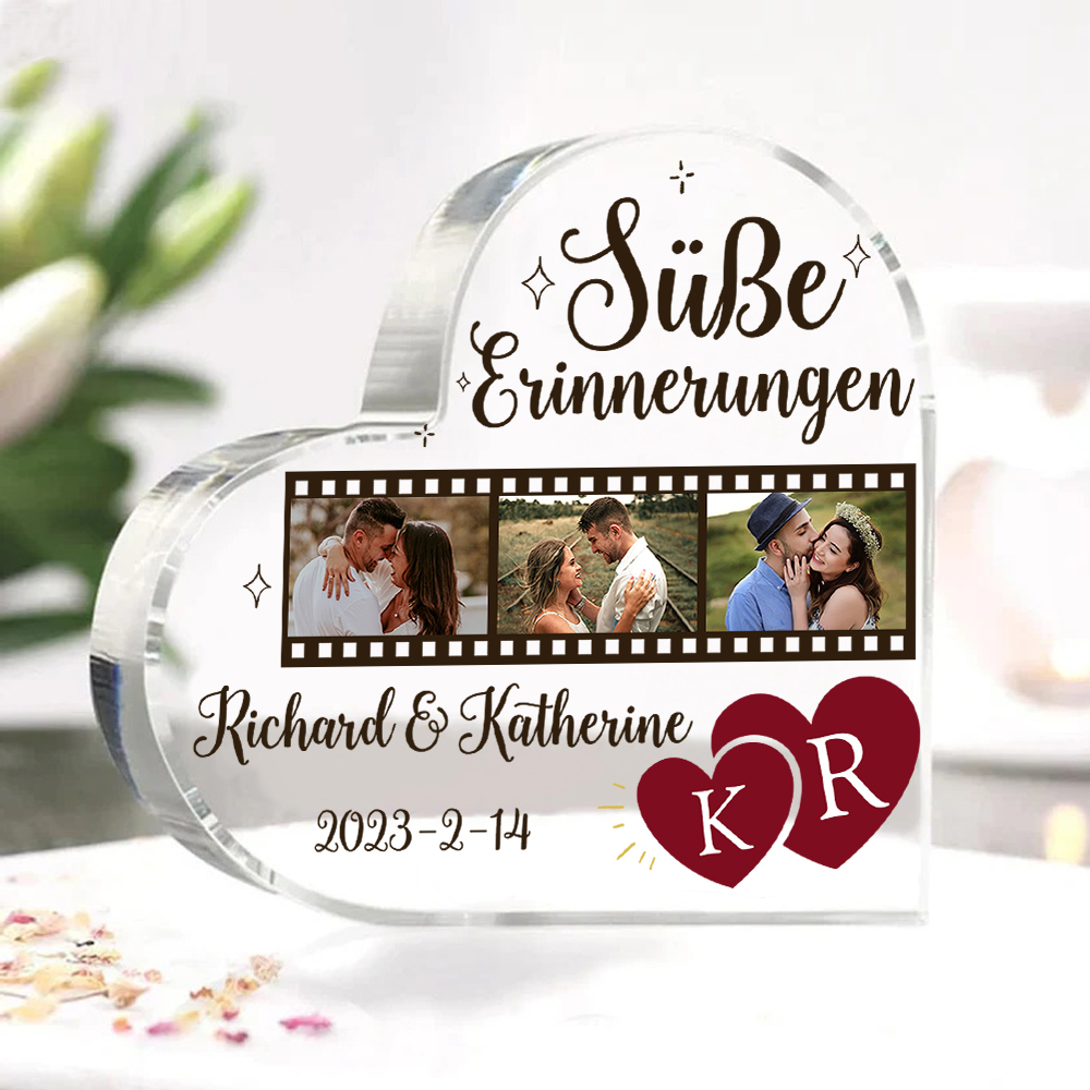 Personalisierte 3 Fotos & 2 Namen & 2 Buchstaben & Datum Acryl-Deko-Süße Erinnerungen-Schreibtischdekoration für Paar