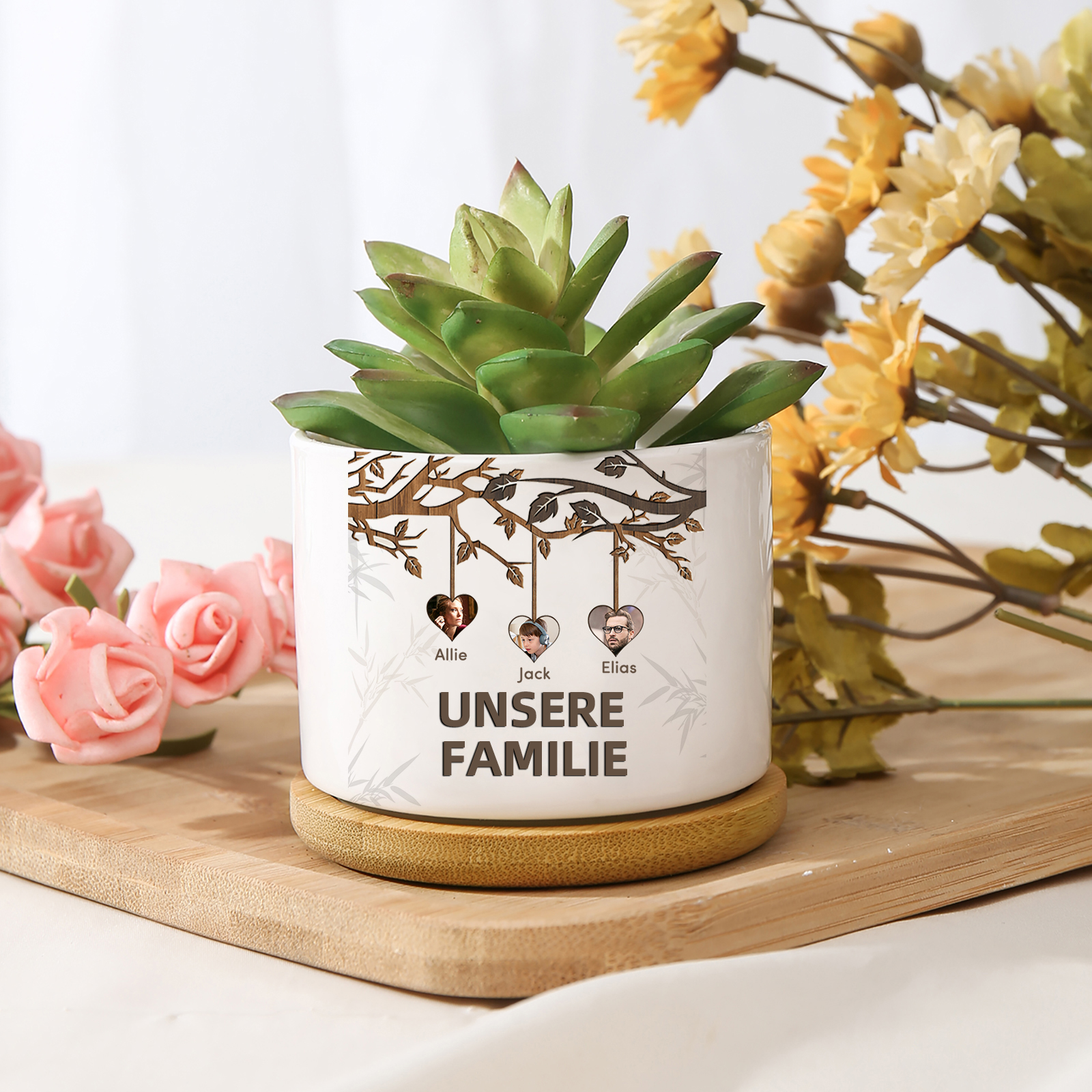 Personalisierbarer Text & 3 Fotos Familienbaum Familie Blumentopf