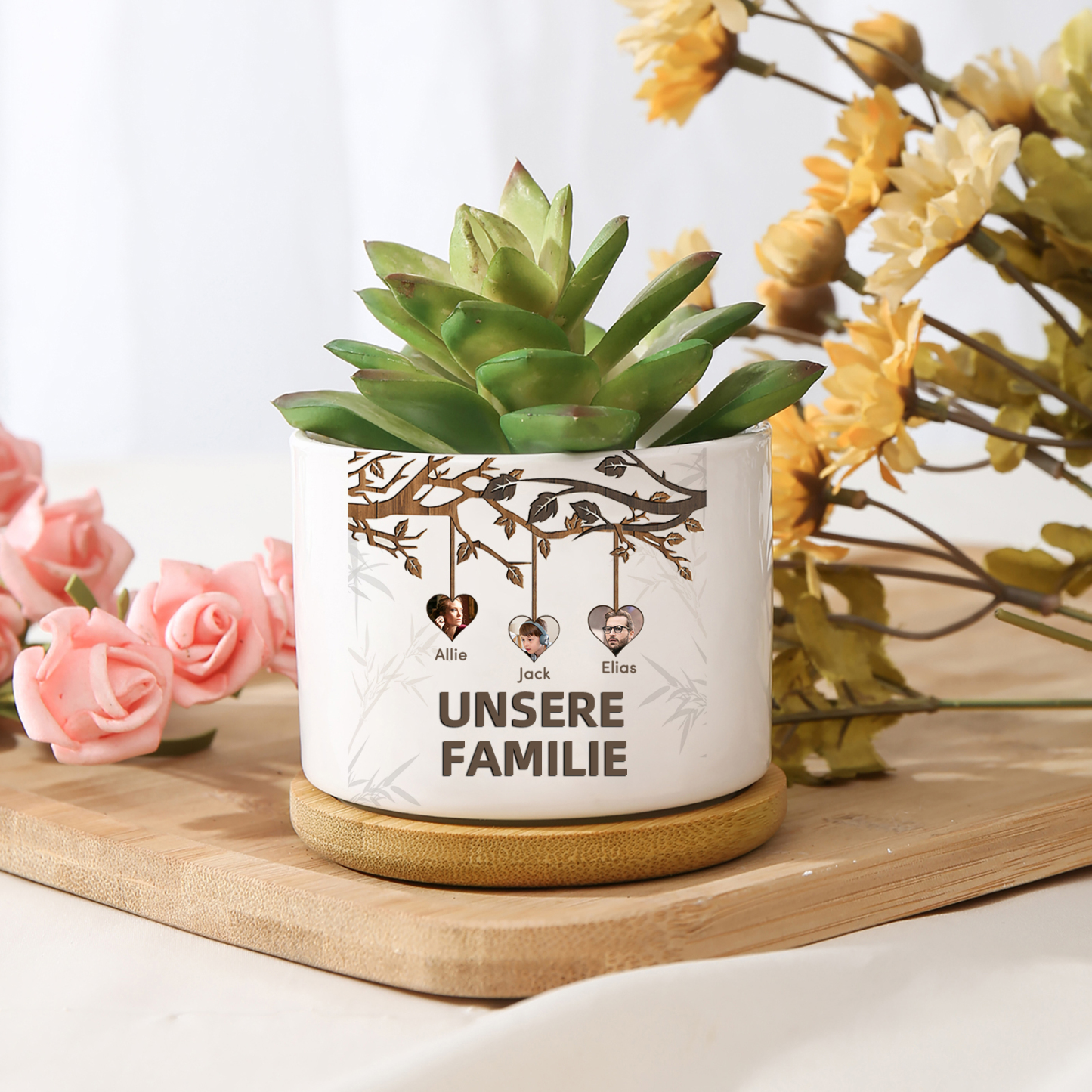 Personalisierbarer Text & 3 Fotos Familienbaum Familie Blumentopf