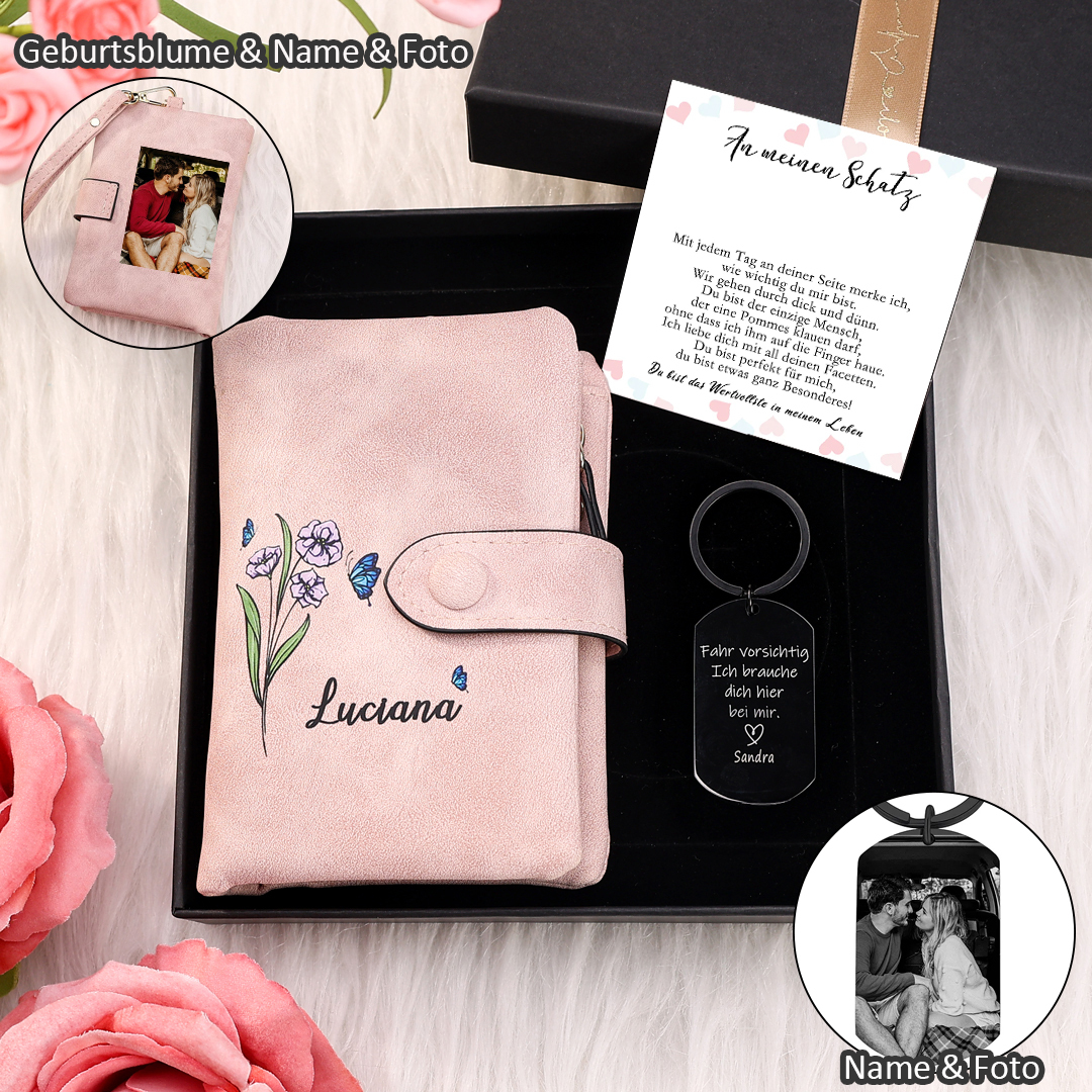 Personalisierter 1 Name & Geburtsblume & Foto Geldbörse & Foto & Name Schlüsselanhänger Geschenkpackung Geschenkset mit Karte für Frau Freundin