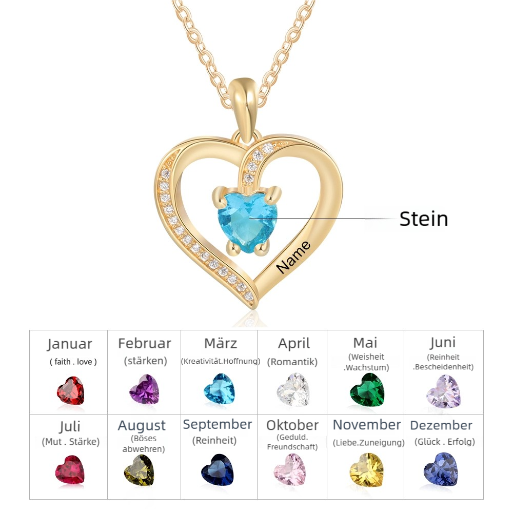 Personalisierte Herz Halskette mit 1 Name und 1 Geburtsstein