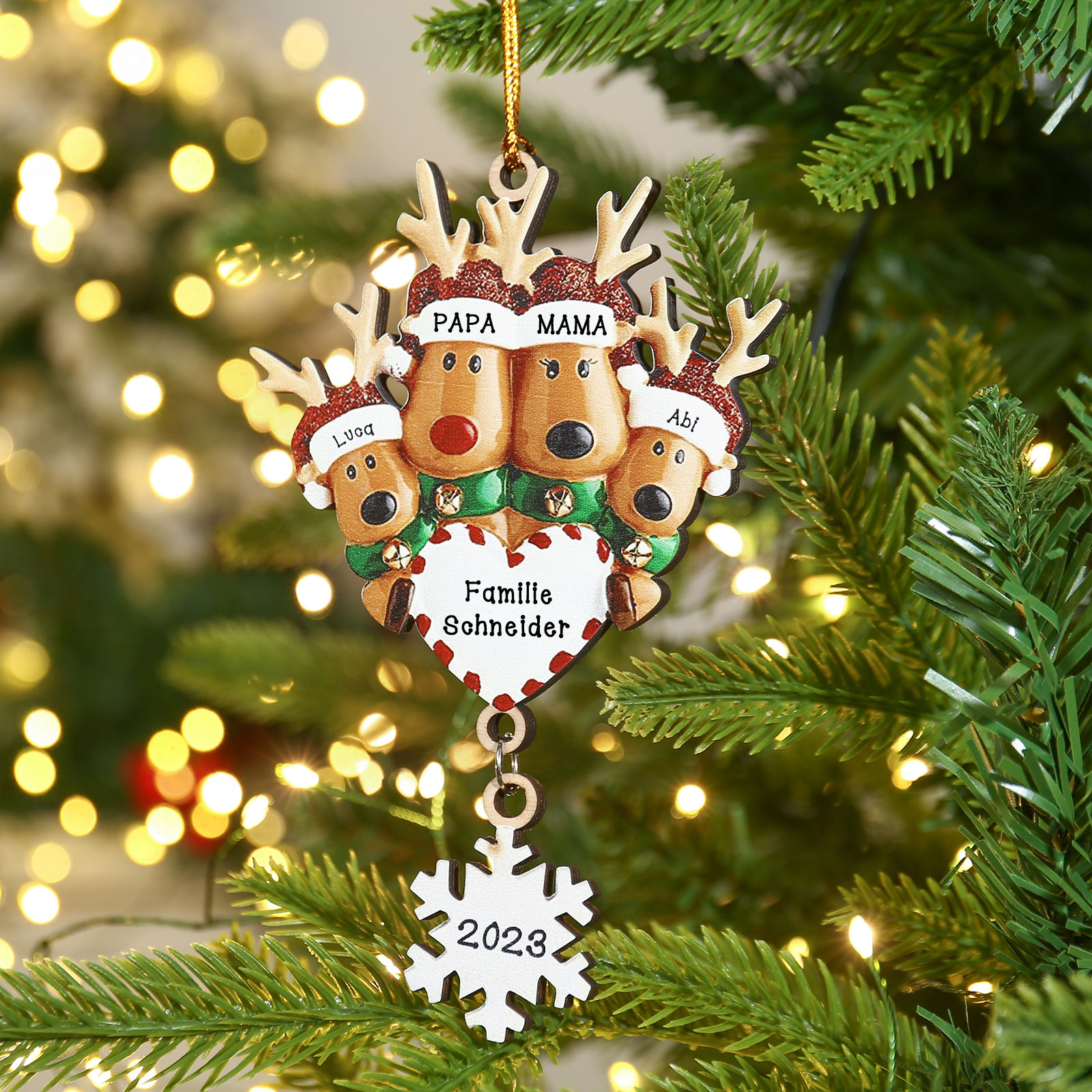 Holz Personalisierte 4 Namen & Text & Jahr Rentier Herz Weihnachtsornament Weihnachtsbaum Anhänger