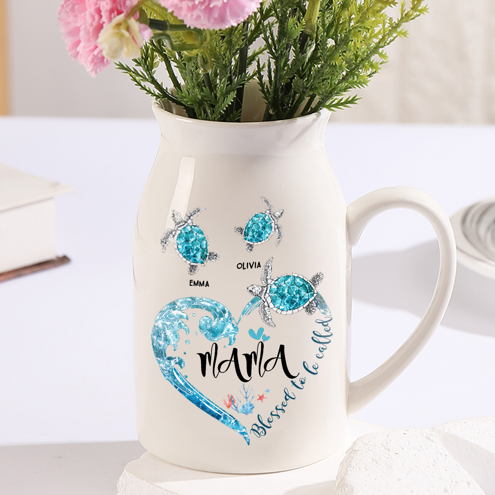 Personalisierte 2 Namen & Text Meeresschildkröte Familie Vase