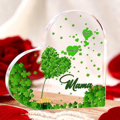 Personalisierte 2 Namen & Text Familie vierblättriges Kleeblatt Acryl-Deko Schreibtischdekoration für Mutter