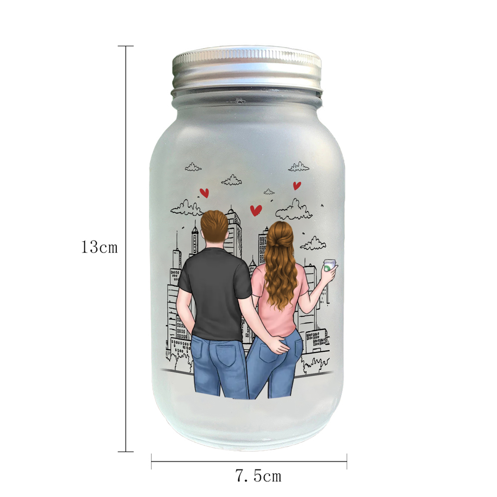 Personalisierte LED-Solar-Glaslampe im Einmachglas mit romantischem Stadtmotiv und zwei Namen