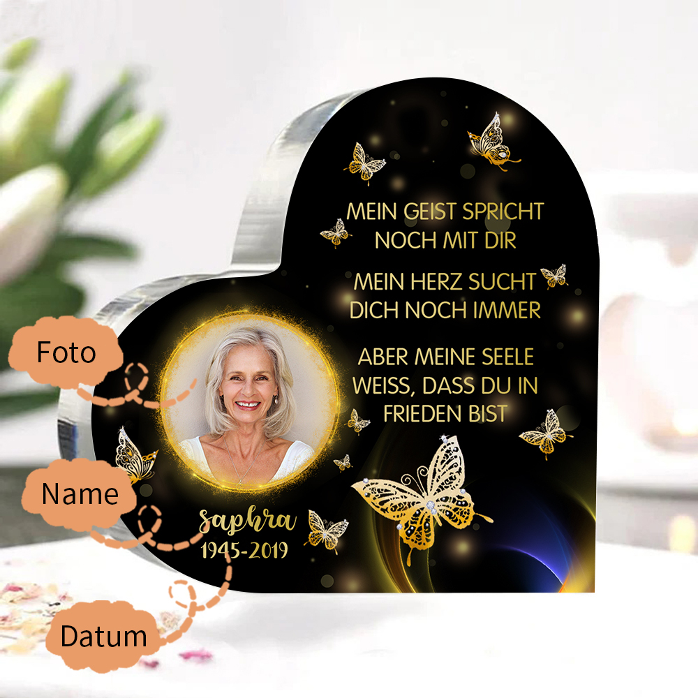 Personalisiertes Foto & Name & Jahr Acryl-Deko-Meine Seele weiß,dass du in Frieden bist-Trauer Schreibtischdekoration