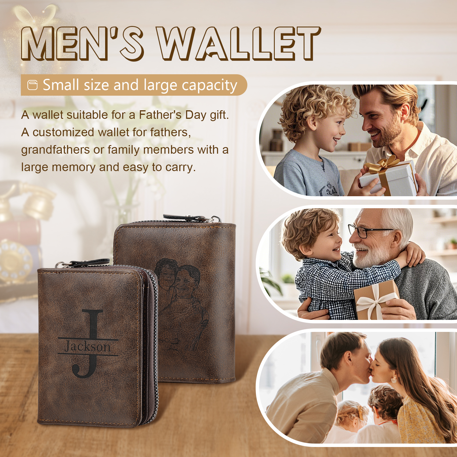 Personalisierte Retro-PU-Leder Herrenbörse Foto- & Namensgravur