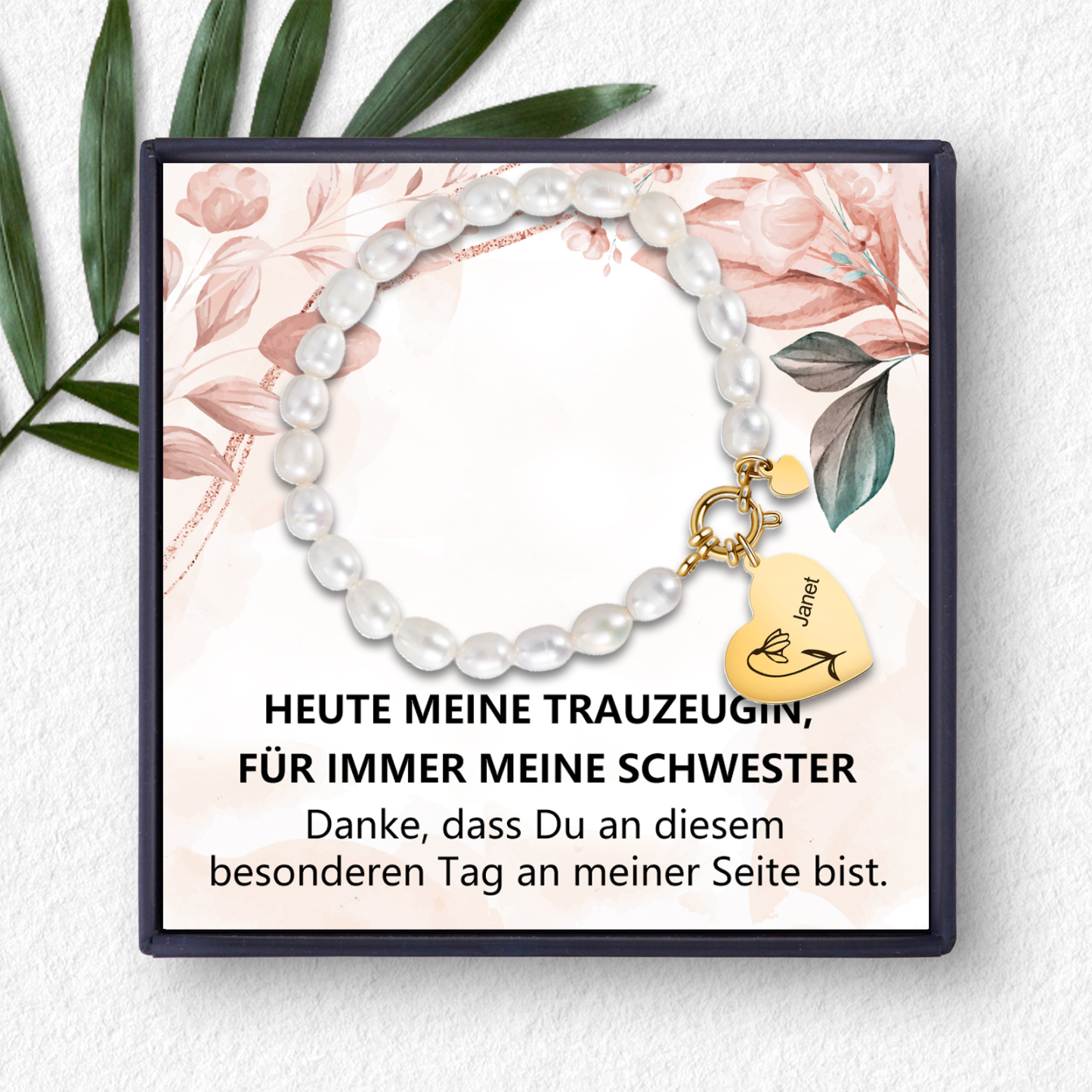 Personalisierter Name & Geburtsblume Perle Herz Armband-Heute meine Trauzeugin, für immer meine Schwester-Geschenk für Trauzeugin Hochzeit Geschenk