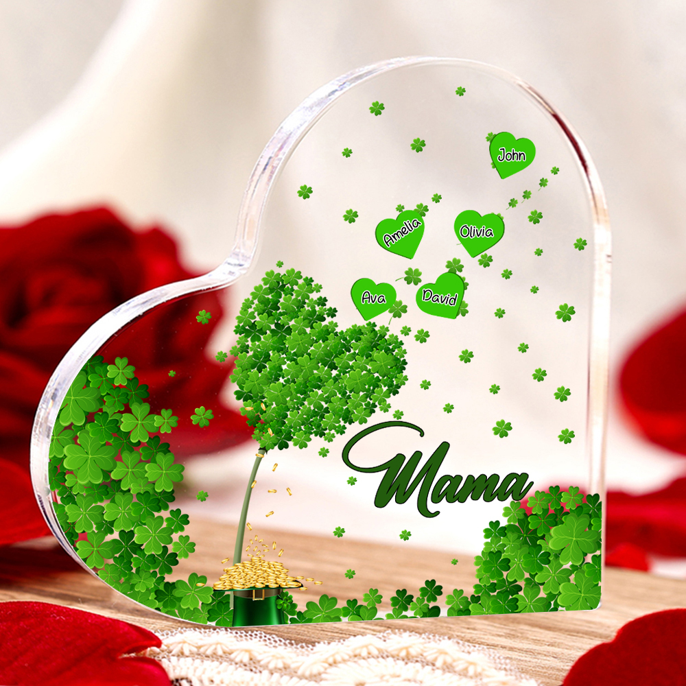 Personalisierte 5 Namen & Text Familie vierblättriges Kleeblatt Acryl-Deko Schreibtischdekoration für Mutter