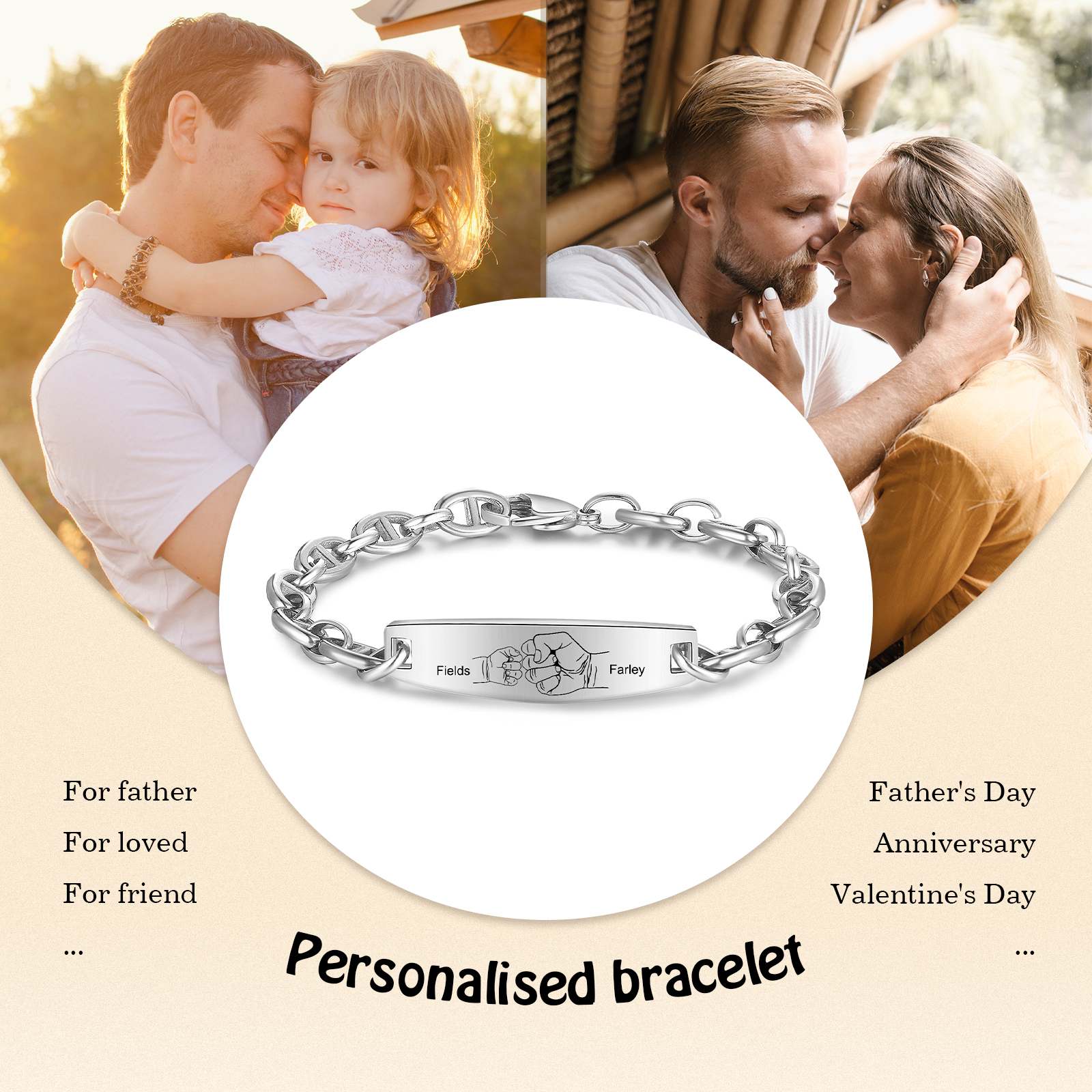 Herren Armband-Personalisiertes 2 Namen Faust Edelstahl Armband 