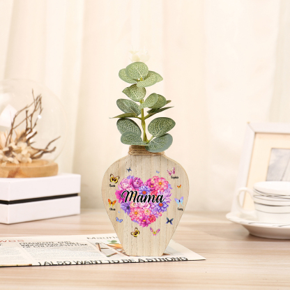 Holz Personalisierter 4 Namen & Text Blumen Herz Vase