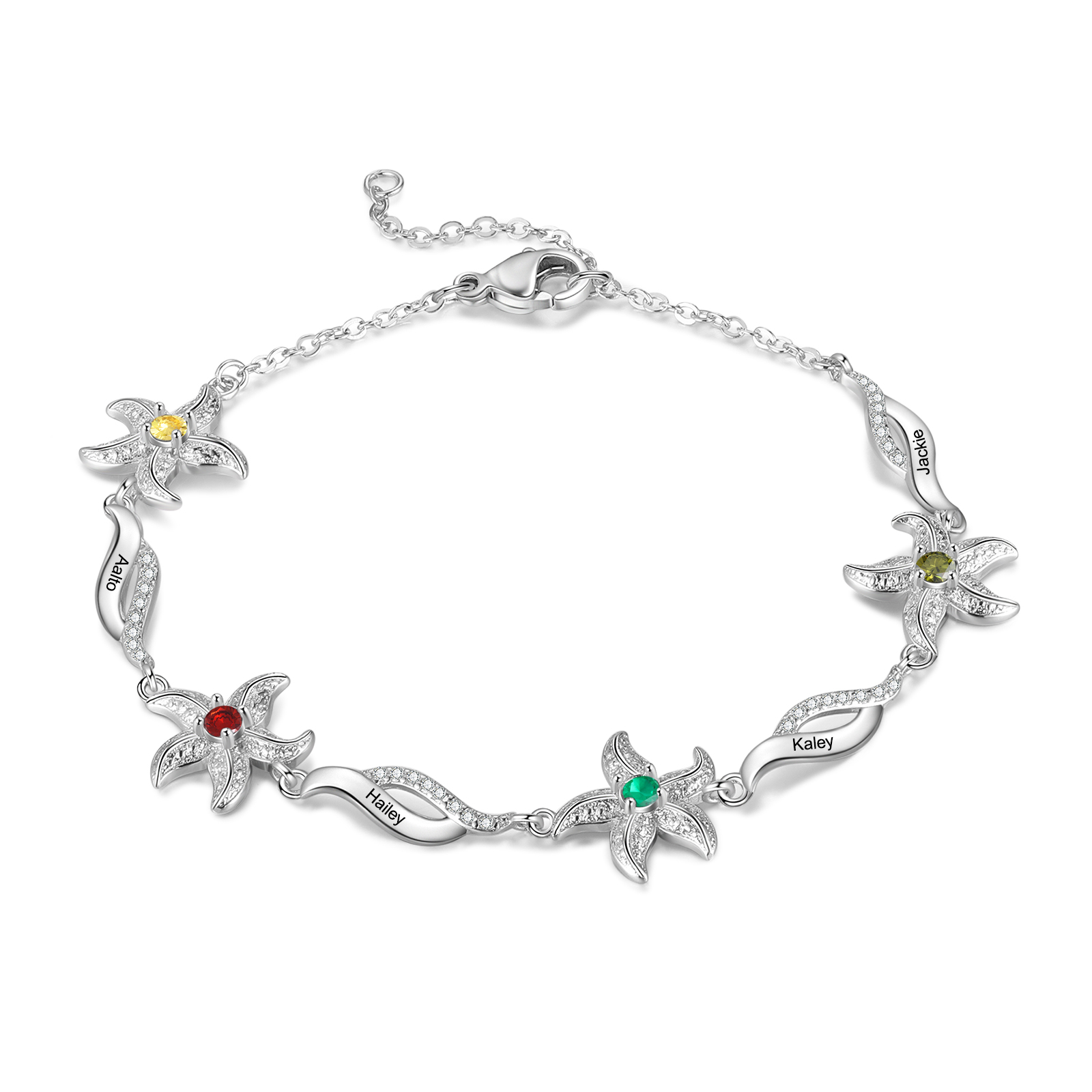 Personalisierte 4 Namen & Geburtssteine Seestern Armband mit Zirkonia