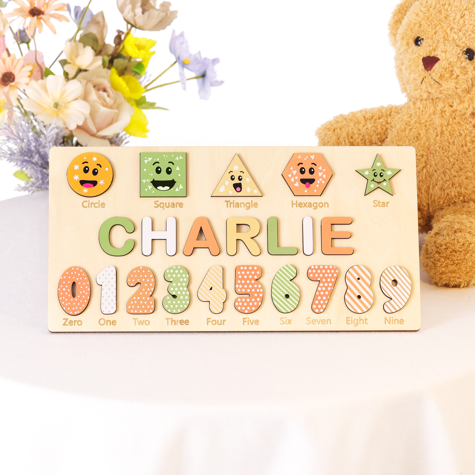 Personalisiertes Name Ziffer & Geometrie Holz Puzzle Geschenk für Vorschulkinder