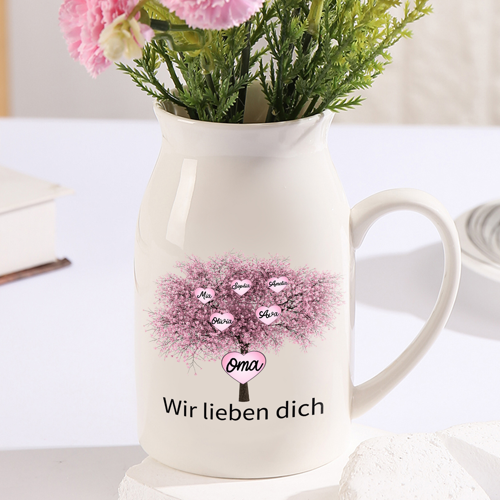 Personalisierte 5 Namen & 2 Texte Kirschbaum Familienbaum Familie Vase