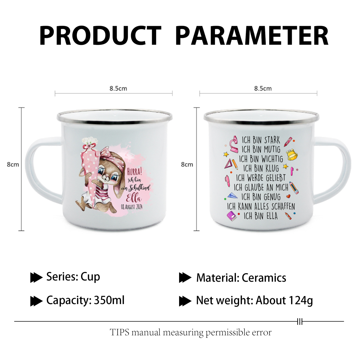 Schulanfang Geschenkset-Personalisierter Name & Datum Hase Emaille Tasse & Personalisierter Name Stifteetui & 3 Gummiband Armbänder Set - Geschenk für Schulkind mit Geschenk Box