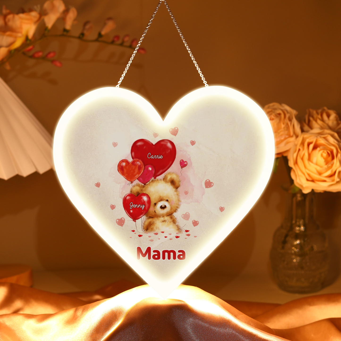 Personalisierte 3 Namen & Text Teddybär mit Ballonherz Herz Ornament Licht Acryl Hängender Geschenk für Mutter
