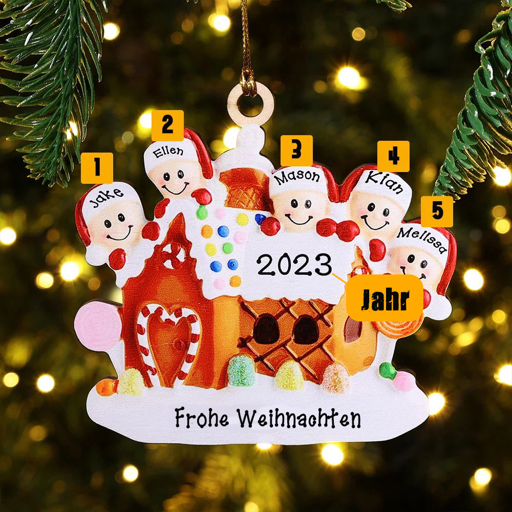 Holz Personalisiertes 5 Namen & Text & Jahr Weihnachtsornament Süßwarenhaus Anhänger mit 5 Kinder