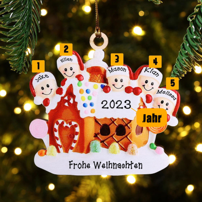 Holz Personalisiertes 5 Namen & Text & Jahr Weihnachtsornament Süßwarenhaus Anhänger mit 5 Kinder