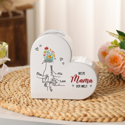 Personalisierte herzförmige Keramikvase mit Text und 1 bis 6 Vornamen, Beste Mama/Oma der Welt Muttertags- oder Geburtstagsgeschenk für Mama, Oma oder Ehefrau | Kettenmachen
