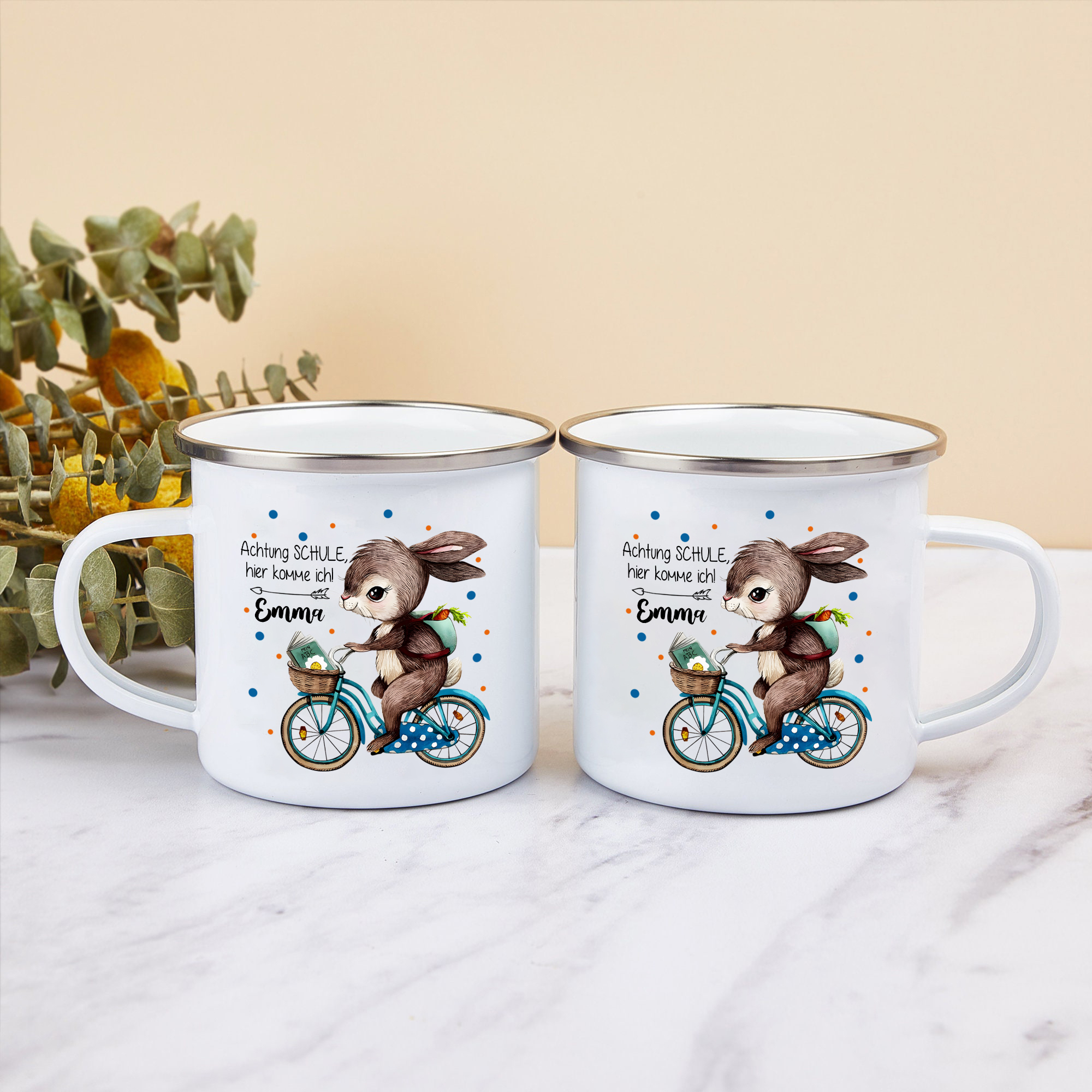 Emaille Tasse-Personalisierter Name Hase Emaille Becher Achtung Schule hier komme ich Schukind Geschenk zum Schulanfang