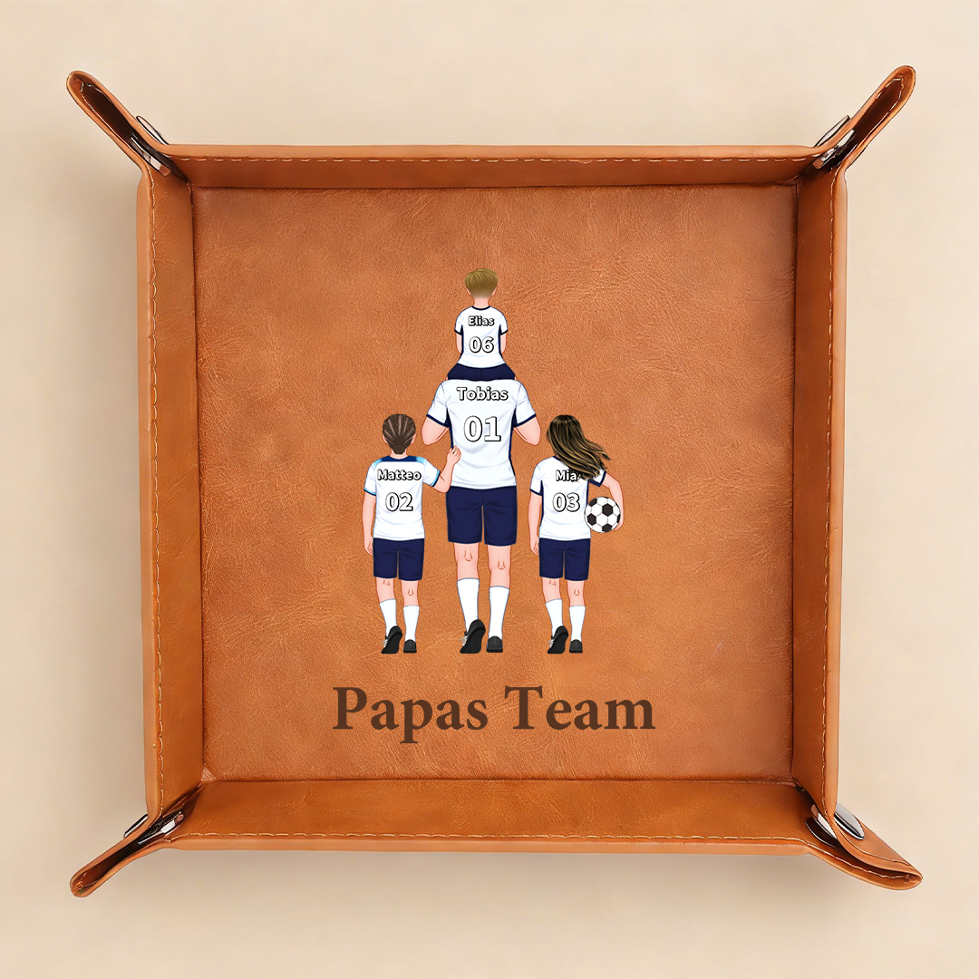 Personalisierte Ablageschale aus Leder mit Fußball-Motiv und 1 bis 8 Namen Geschenk für Papa Opa