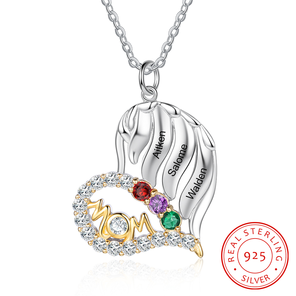 S925 Silber Gravur 3 Namen "MOM" Herz Halskette mit 3 Geburtssteinen