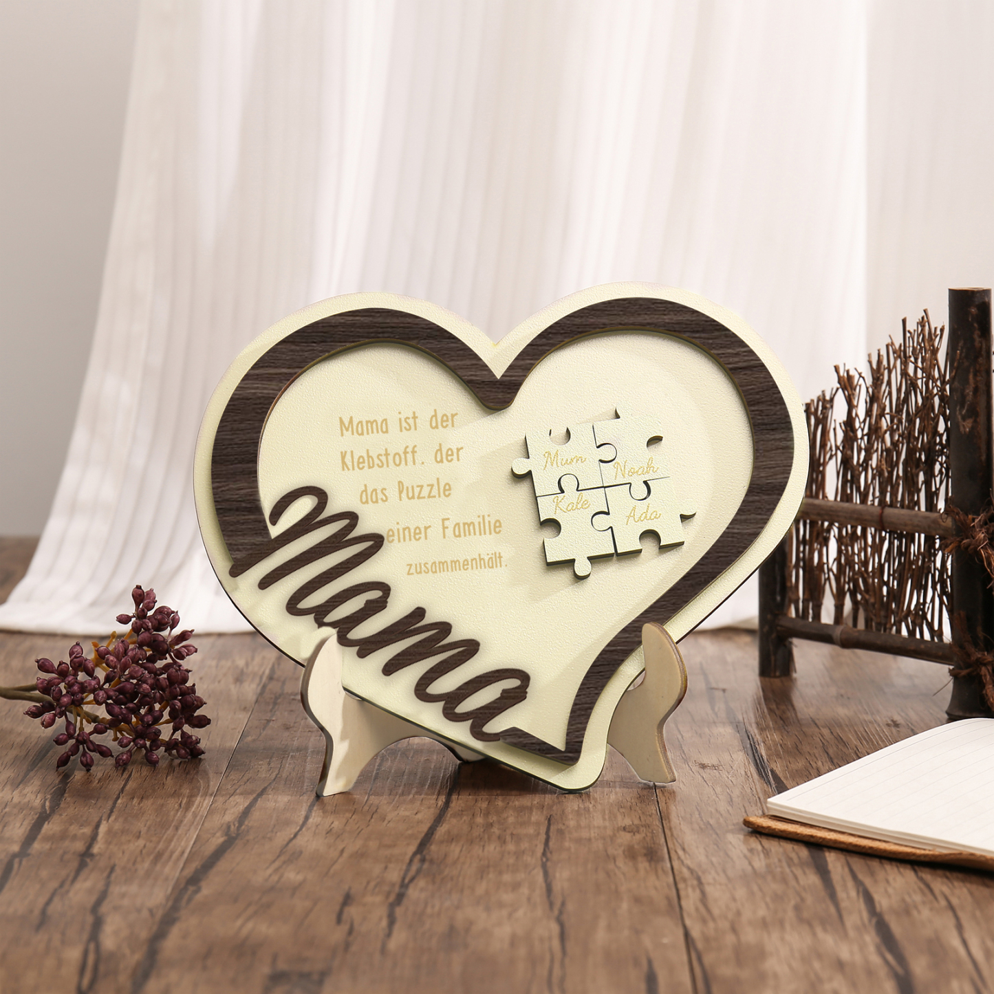 Holz Deko-Personalisierbare 4 Namen Ornament -Mama ist der Klebstoff. der das Puzzle einer Familie zusammenhält- Herz Holzdekoration für Mutter