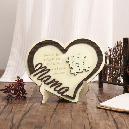 Holz Deko-Personalisierbare 4 Namen Ornament -Mama ist der Klebstoff. der das Puzzle einer Familie zusammenhält- Herz Holzdekoration für Mutter