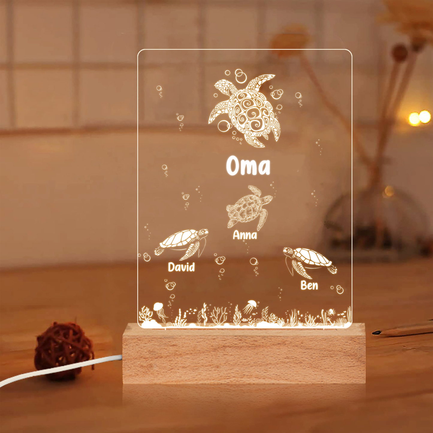Personalisierte 4 Namen Meeresschildkröte Nachtlicht Geschenk für Großmutter