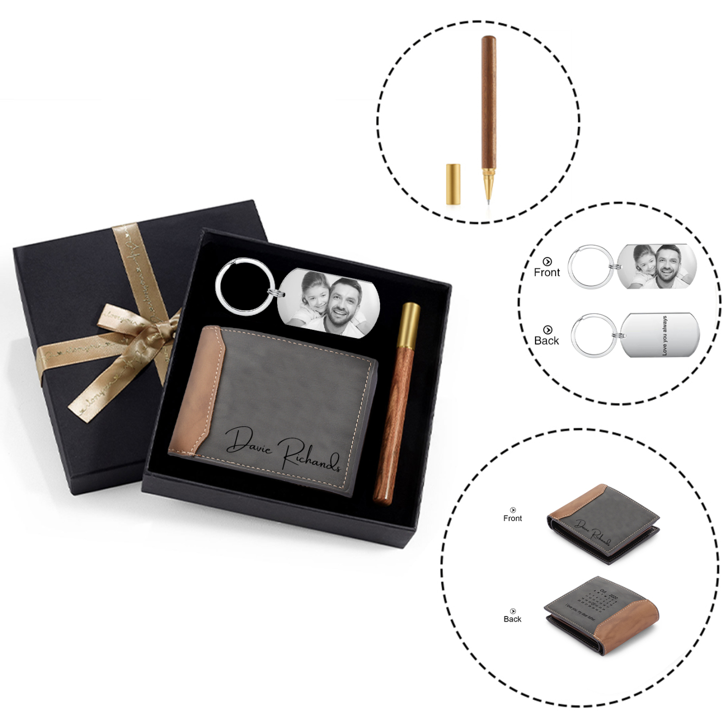 Personalisierte 3 Texte & Foto & Datum Geldbörse & Schlüsselanhänger & Stift Geschenkpackung Geschenkset