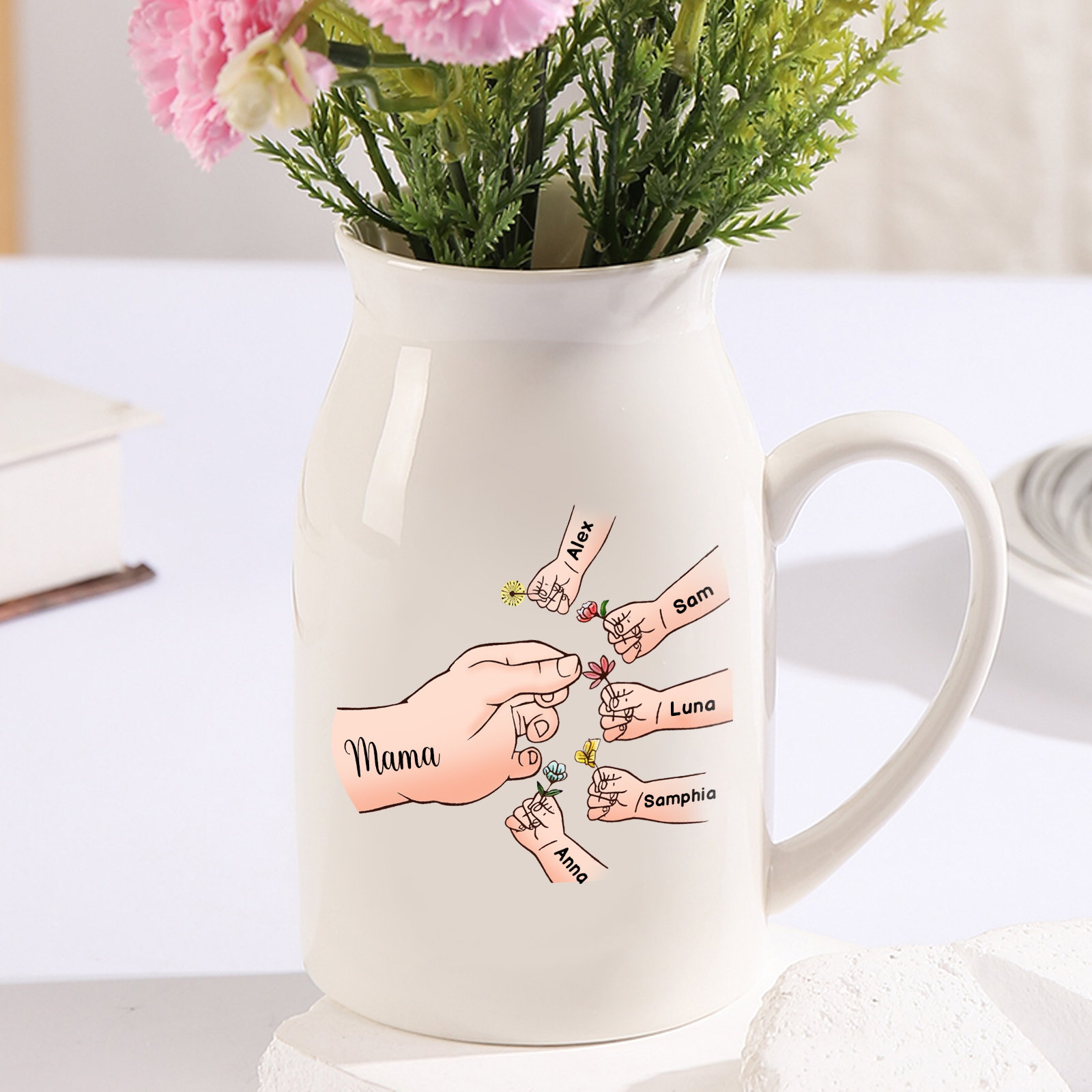 Personalisierte 6 Namen Blumen verschicken Familie Vase