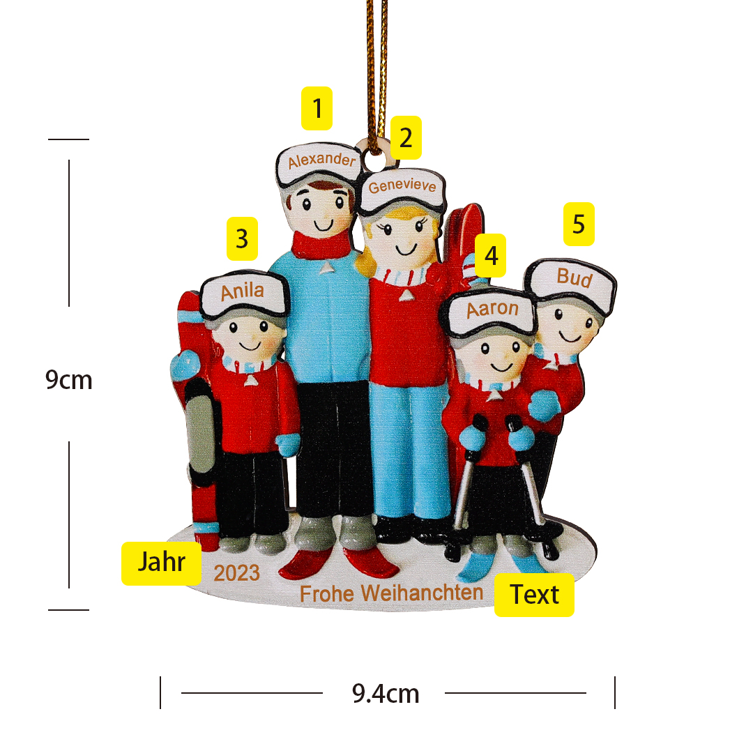 Holz Personalisierte 5 Namen & Text & Jahr Skifahren Weihnachtsornament Weihnachtsbaum Anhänger