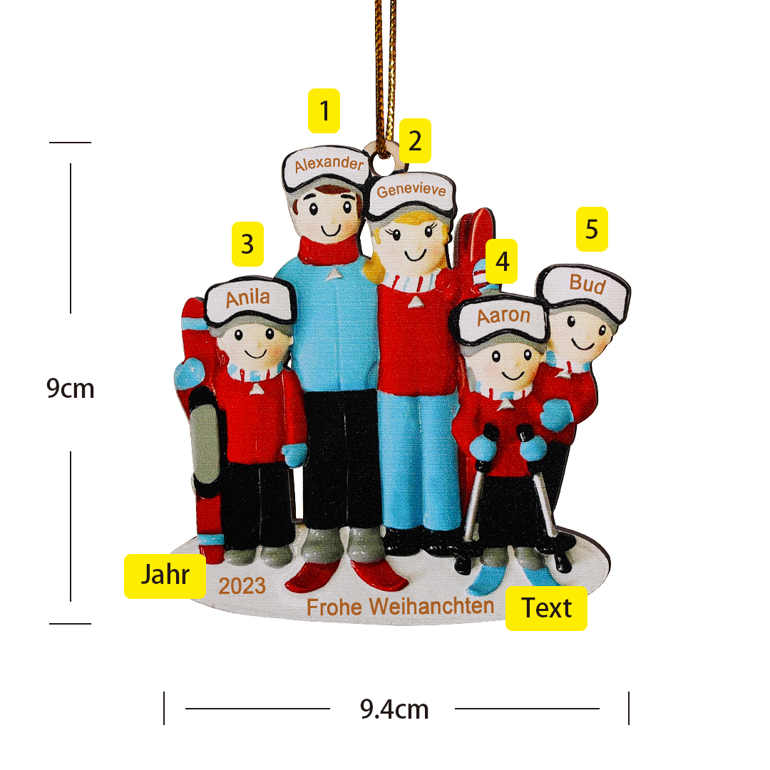 Holz Personalisierte 5 Namen & Text & Jahr Skifahren Weihnachtsornament Weihnachtsbaum Anhänger