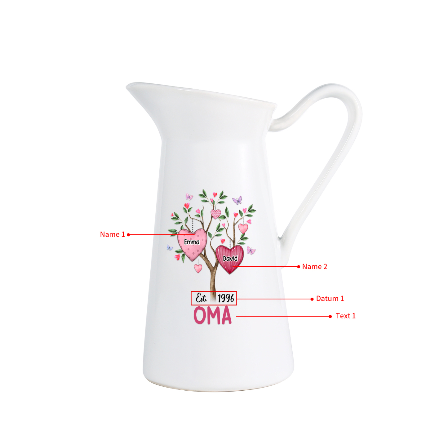 Personalisierte 2 Namen & Datum & Text Herz Familienbaum Gießvase mit Henkel Familie Vase